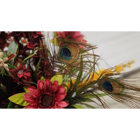 Farmhouse Floral Arrangement In Rustic Wooden Crate W/ Sunflowers & Peacock Feat - Picture 10 of 10